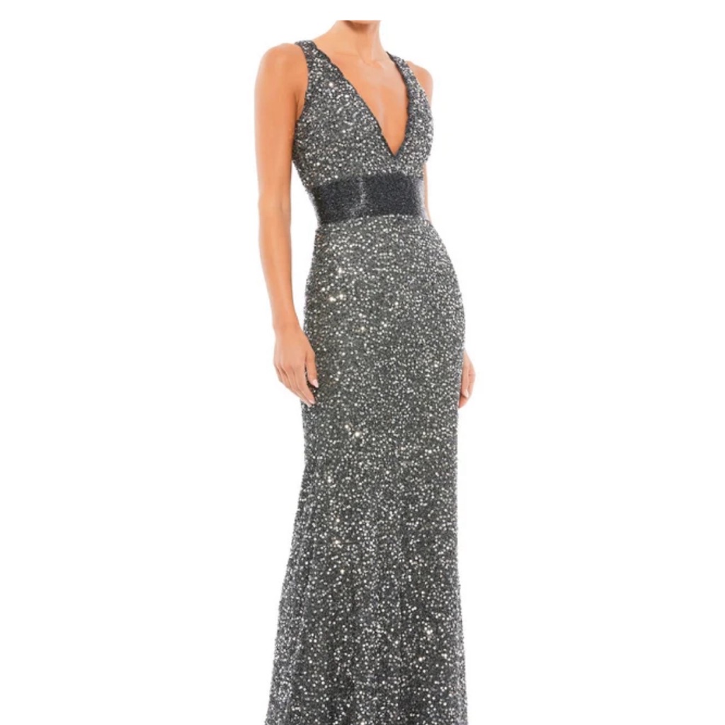 Mac Duggal Silver Sequin Deep V Maxi Dress